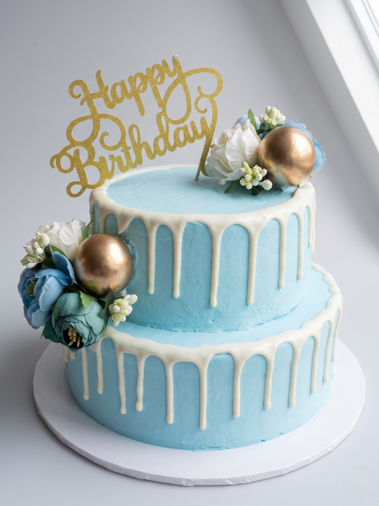 B-569 Blue Silk Flowers with Gold Balls