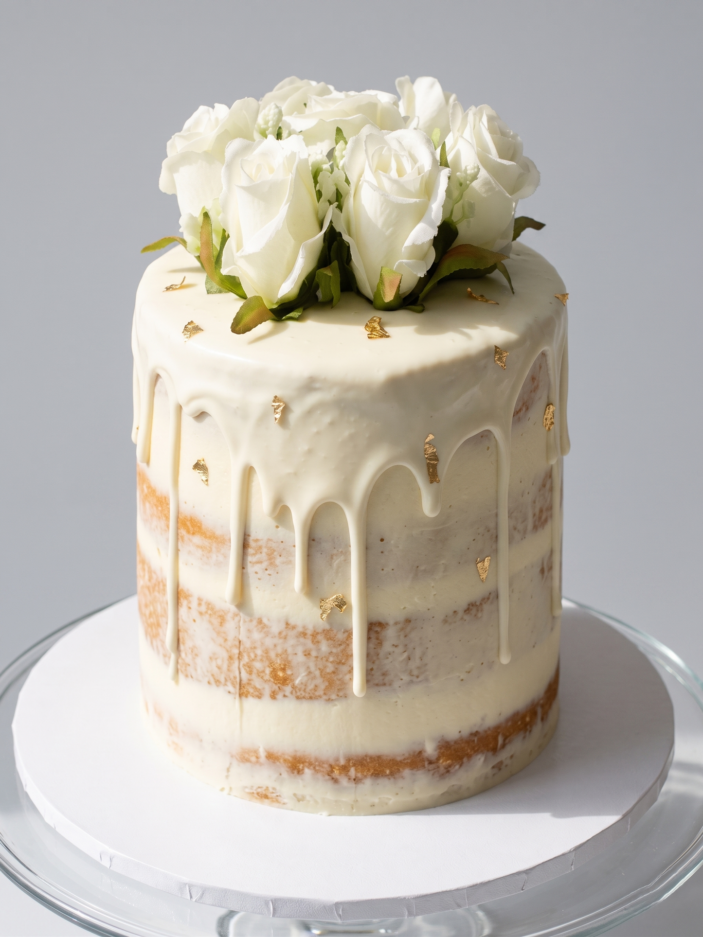 BA-062 White Silk Roses on Naked Drip Cake