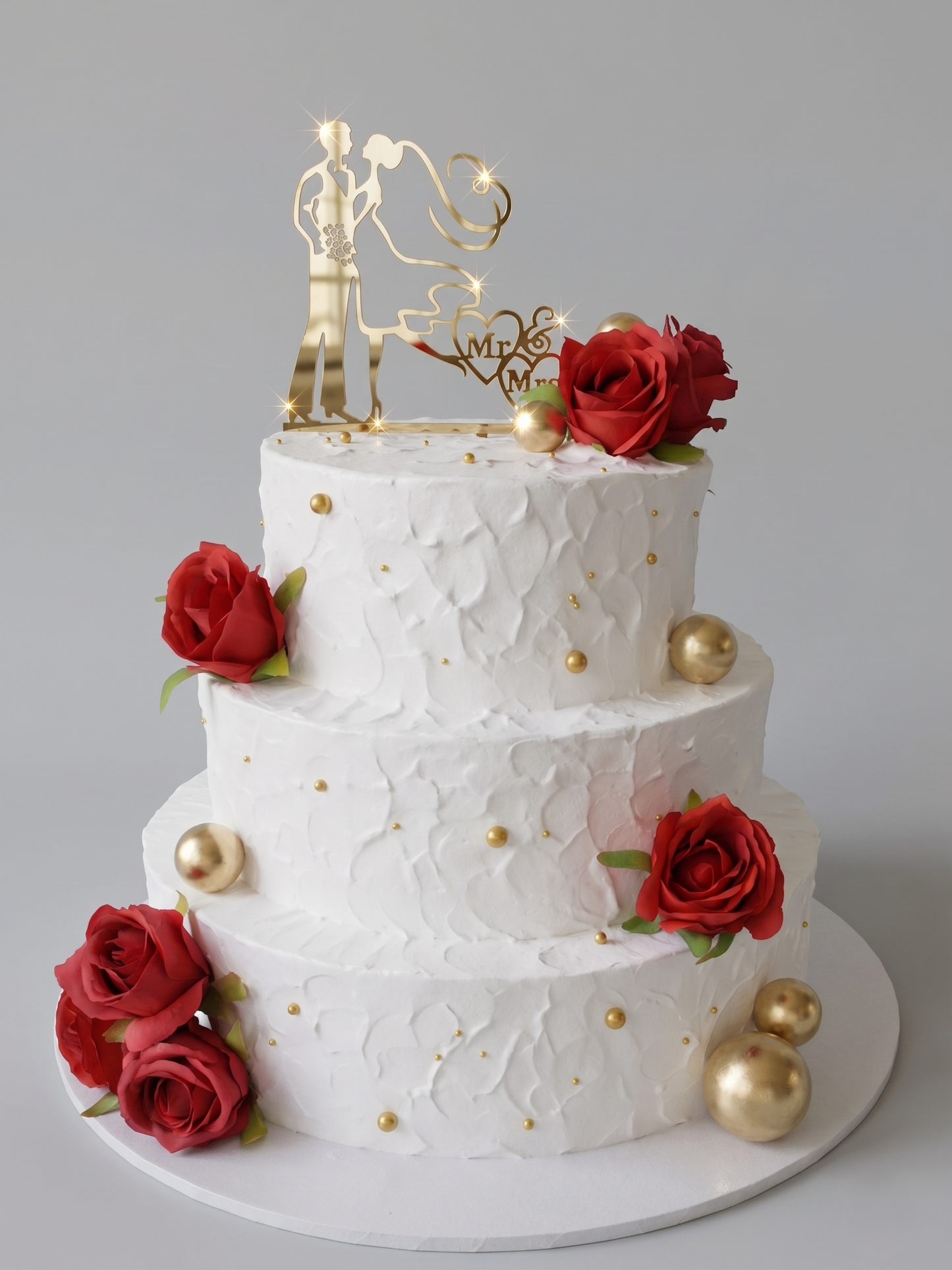 WC-305 3 Tier Red Silk Roses With Gold Balls Cake