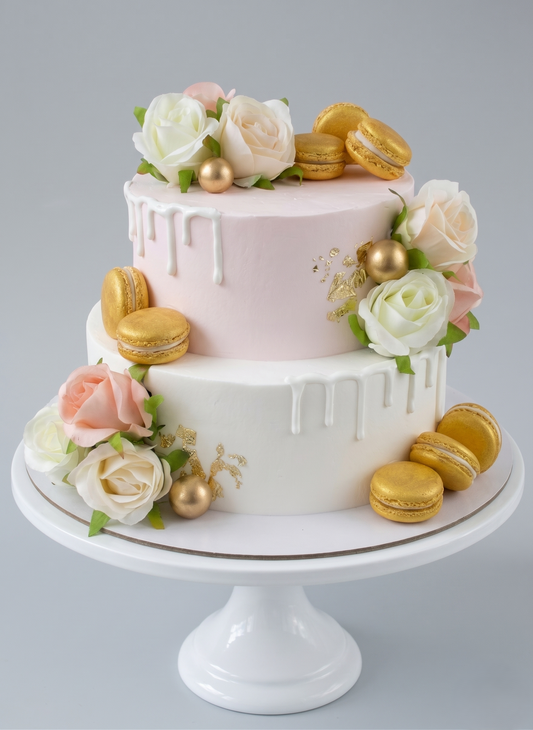 B-541 Pink and White Roses with Gold Macarons
