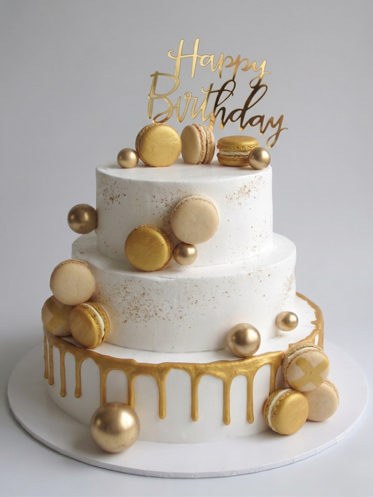 B-581  3 Tier Gold Macarons Drip Cake