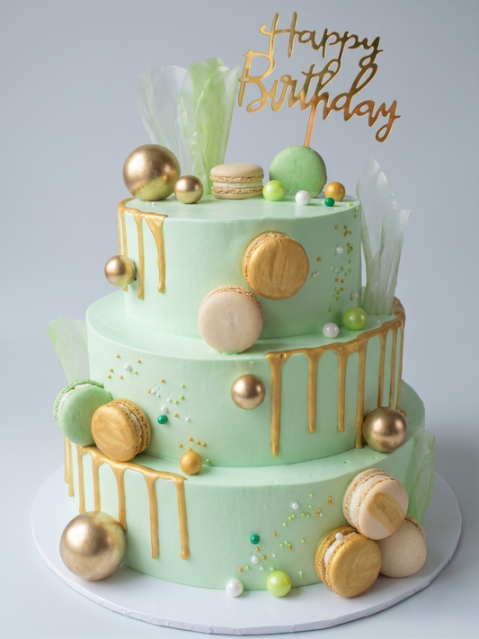 B-582 3 Tier Green and Gold Drip Cake
