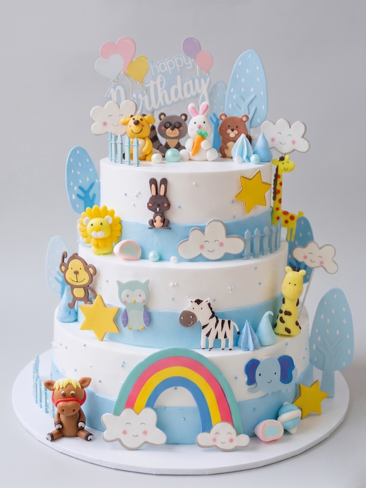 B-777 3 Tier Blue Tone Animals Cake
