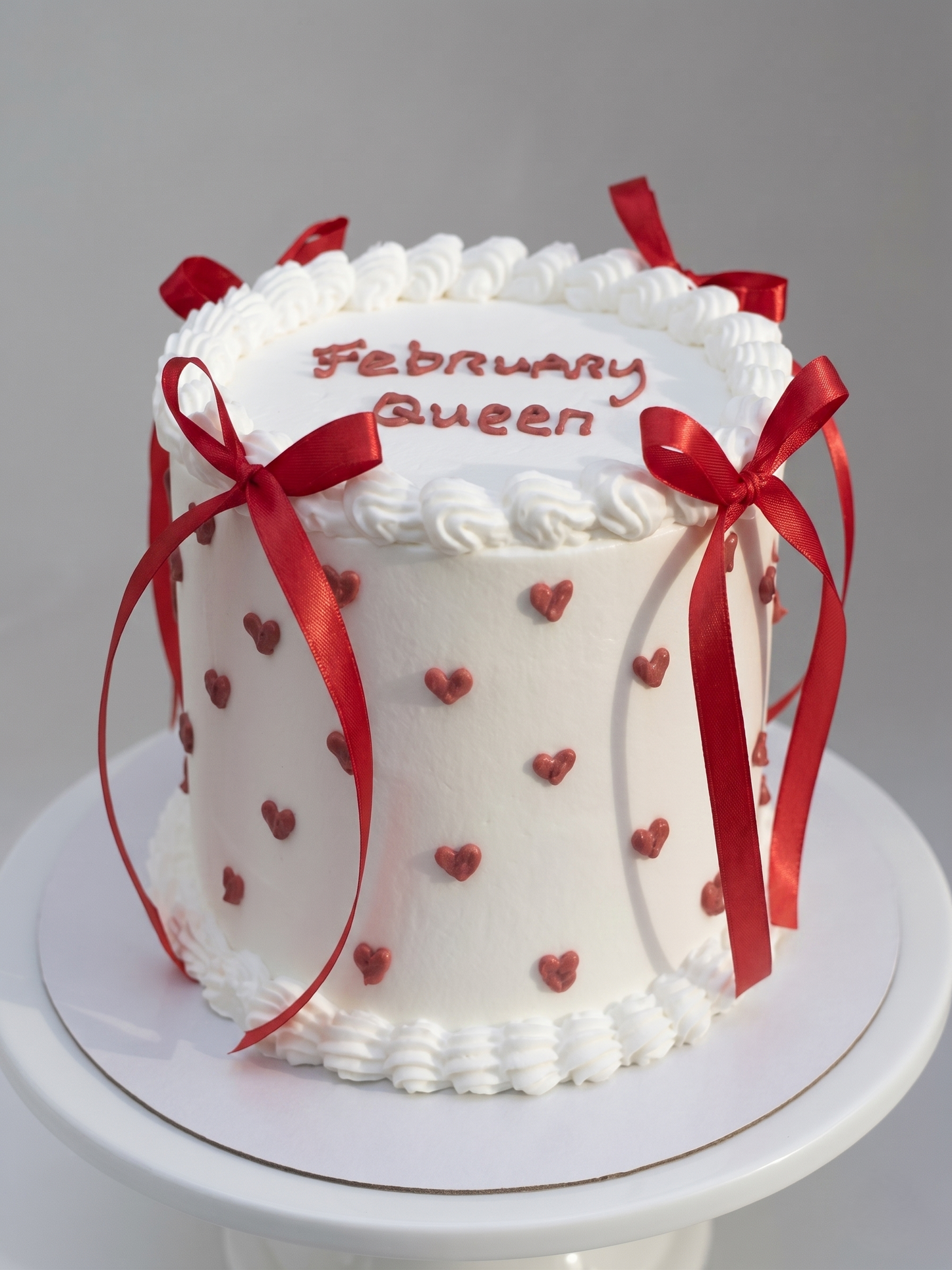 BA-001 Pure White Cake with Red Hearts and Ribbon Bows