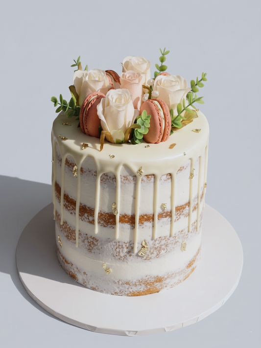 BA-063 Pink Silk Roses on Naked Dripped Cake