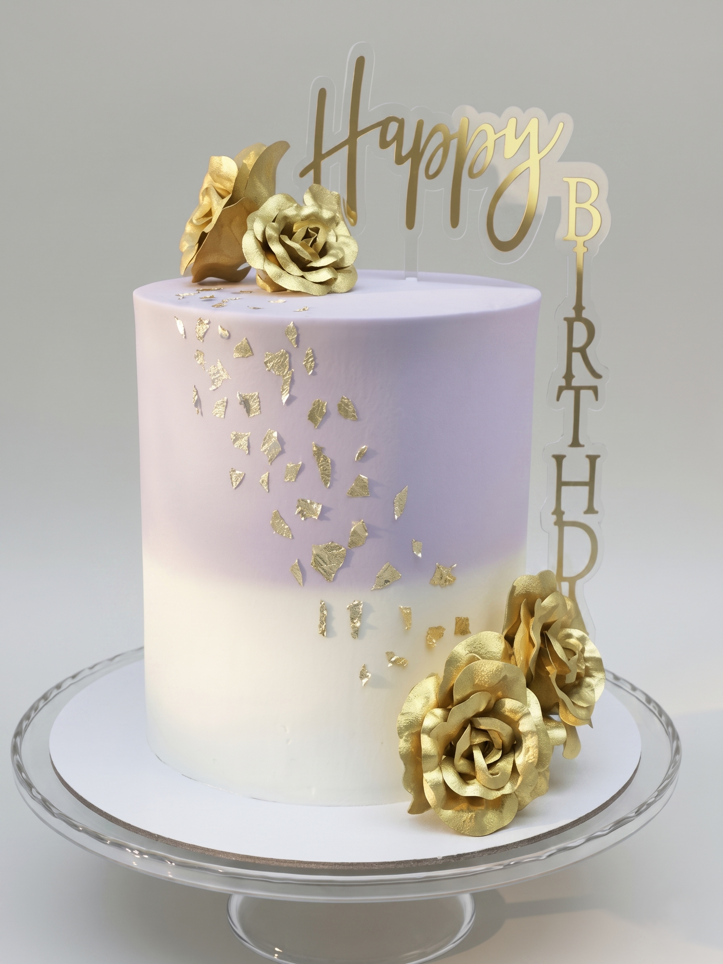 BA-107 Gold Roses on Purple & White Tall Cake