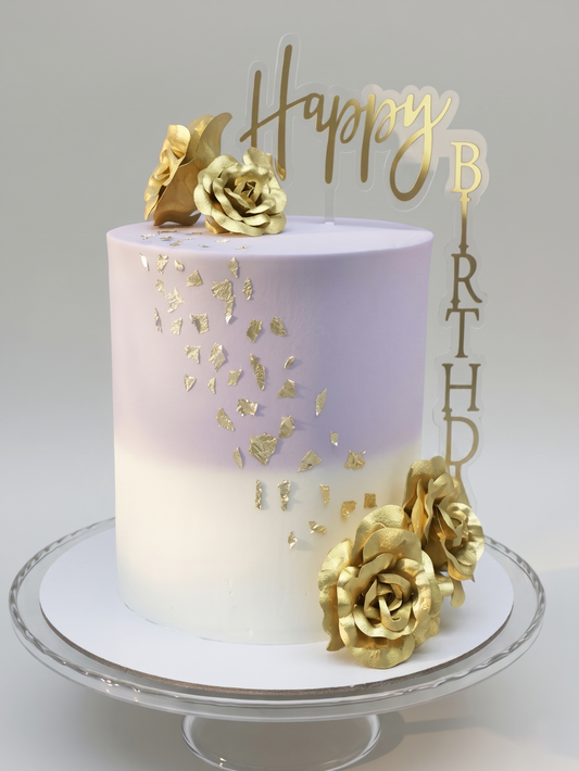 BA-107 Gold Roses on Purple & White Tall Cake