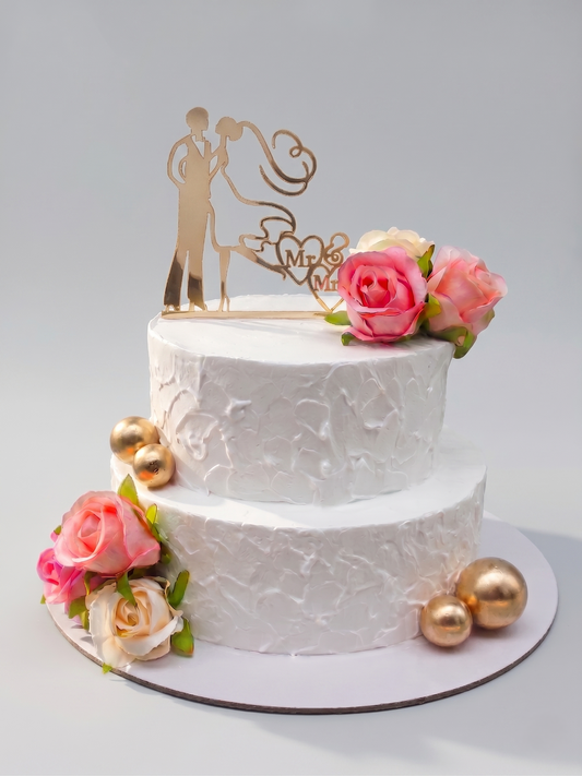 WC-110 Pink Slik Roses  with Gold Cake Topper