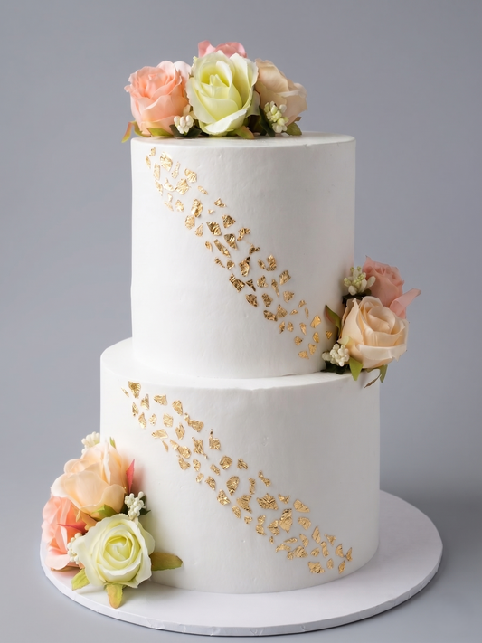 WC-233  2 Tier Double Height Pink & White Artificial Roses with Gold Leaf Cake