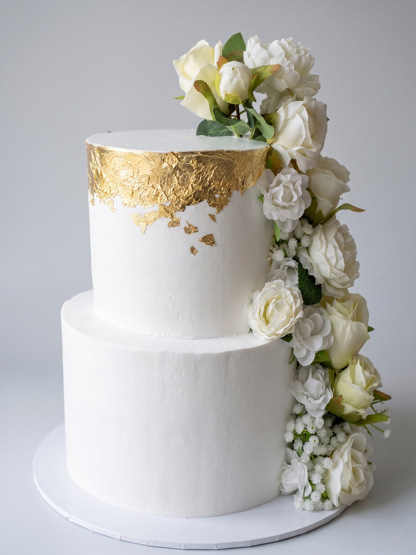 WC-234  2 Tier Double Height Gold Leaf with Cascading Artificial Flowers Cake