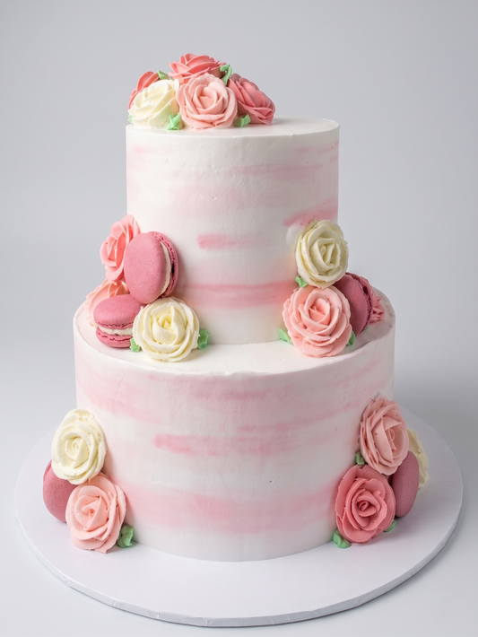 WC-235  2 Tier Double Height Roses & Macarons Cake