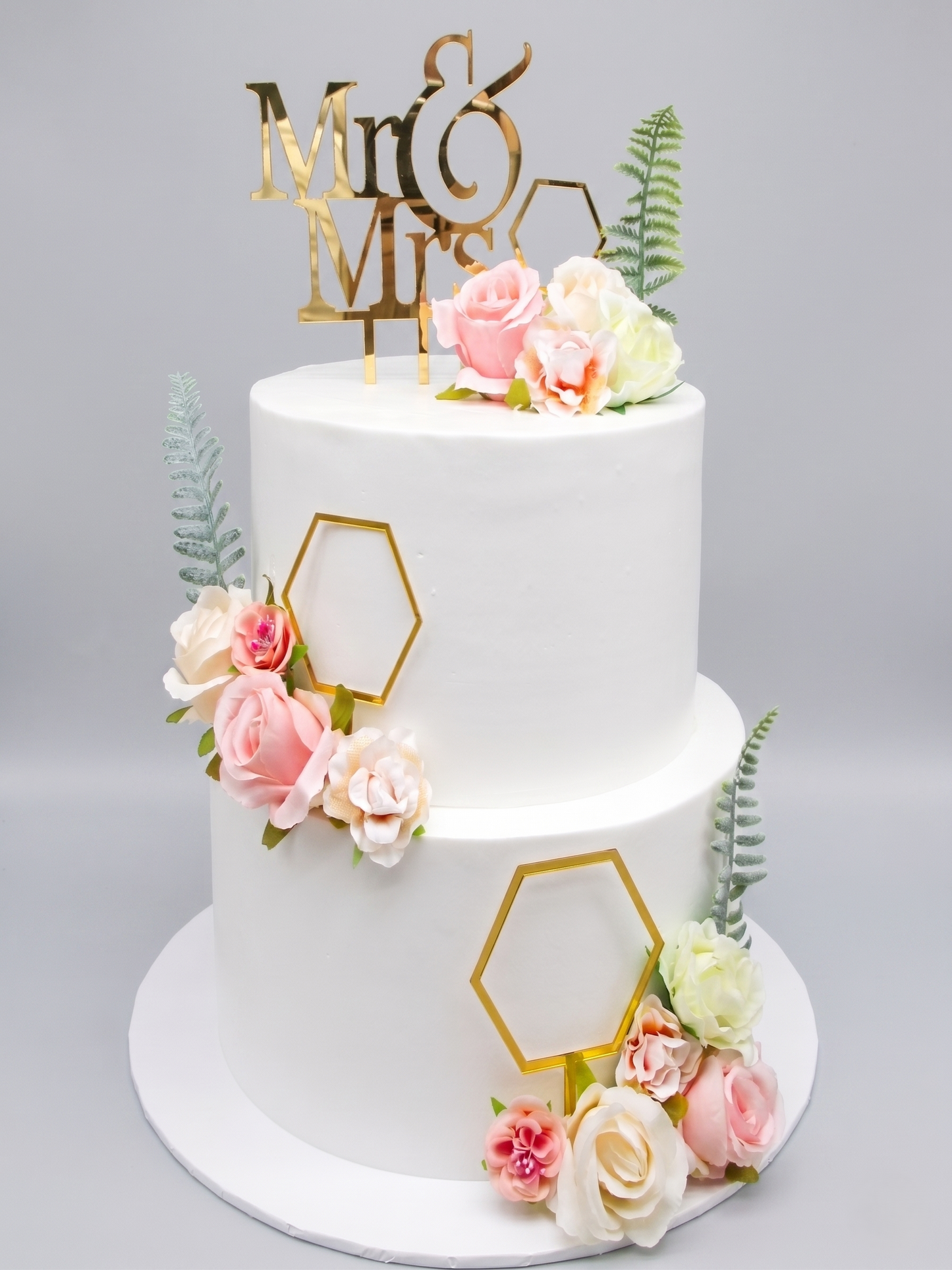 WC-237 2 Tier Double Height Pink & White Silk Flowers Cake