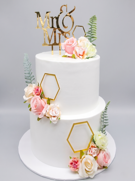 WC-237 2 Tier Double Height Pink & White Silk Flowers Cake