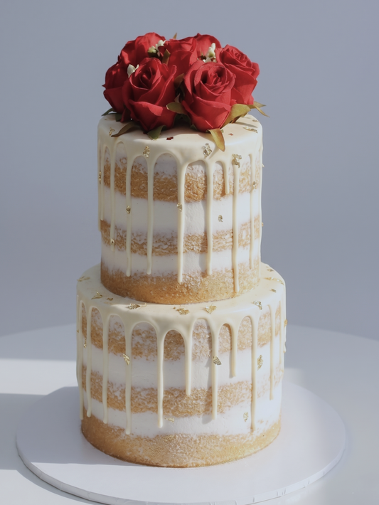 WC-246 2 Tier Double Height White Naked Cake with Red Roses Cake