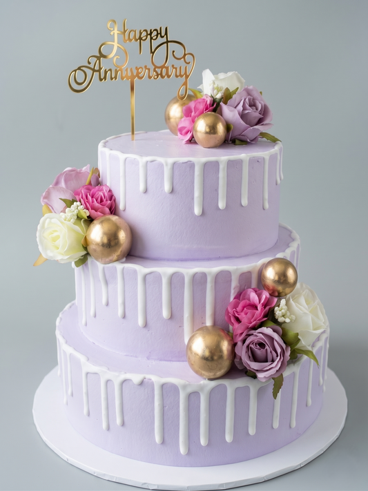 WC-303 3 Tier Purple Silk Flower Drip Cake
