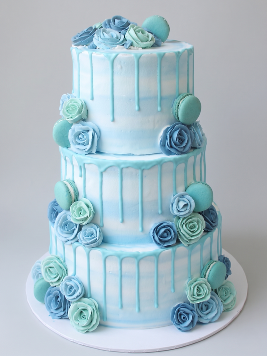 WC-405 3 Tier Double Height Blue Roses with Dripping Cake