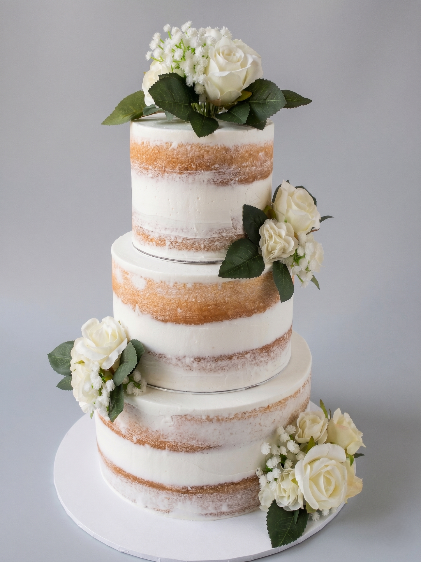 WC-413 3 Tier Double Height Naked Cake with White Silk Flowers Cake