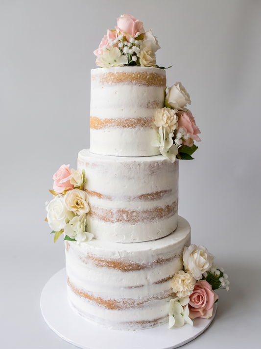 WC-414  3 Tier Double Height Naked Cake with Pink & White Artificial Flowers Cake
